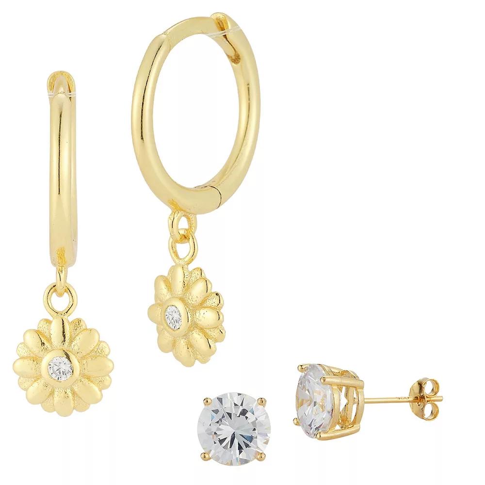 Sunkissed Sterling Sterling Silver Cubic Zirconia Flower Huggie Hoop Earring Duo Set, Women's, Gold Tone Product Image