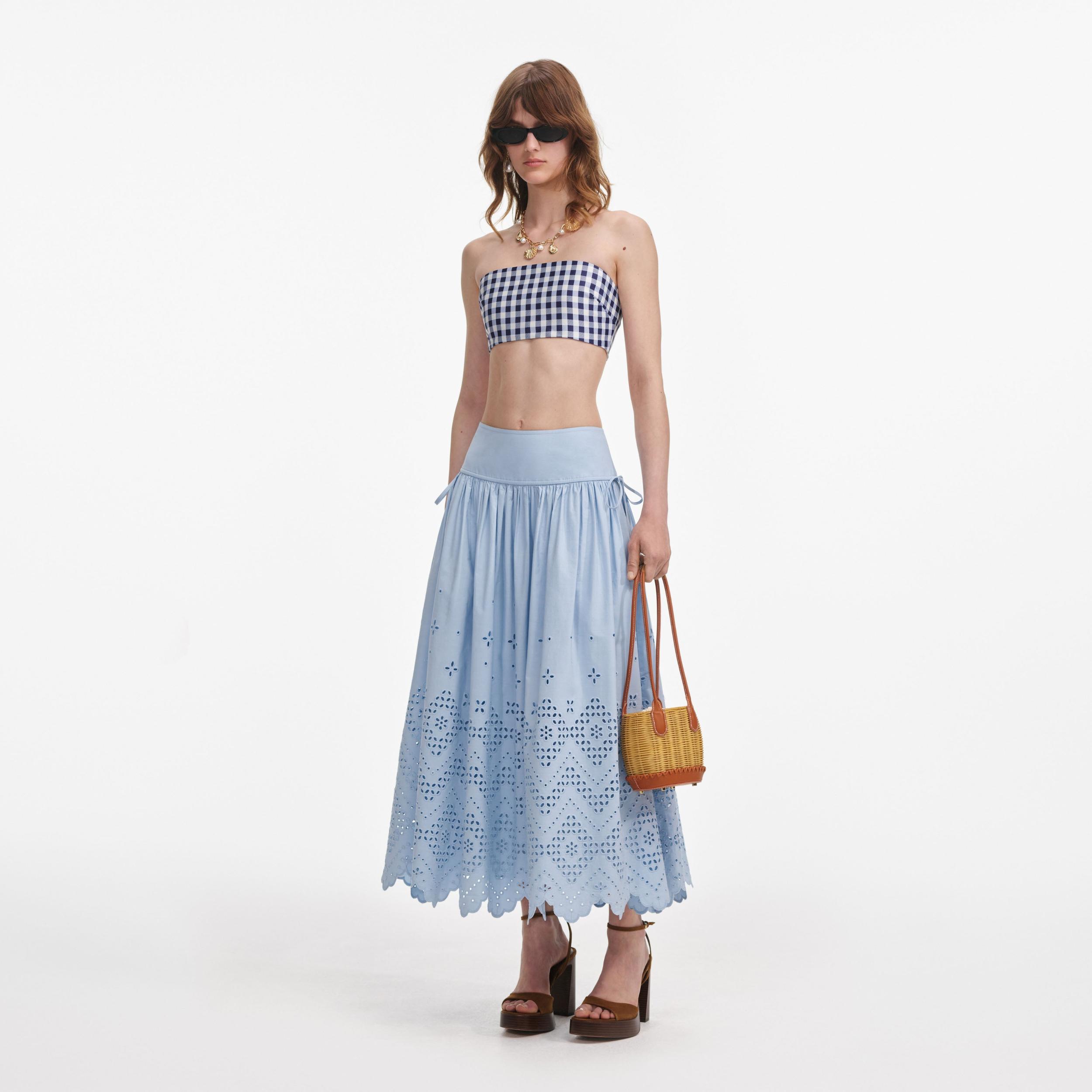 Blue Cotton Broderie Midi Skirt Product Image
