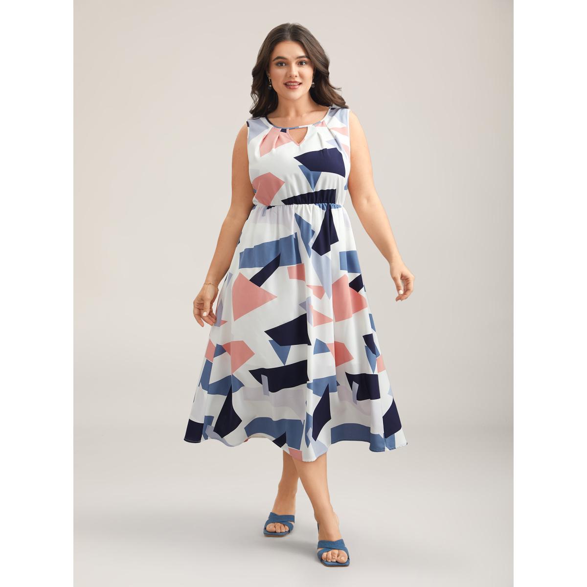 Plus Size Shapes Pattern Keyhole Pockets Midi Dress Multicolor Women Elegant Cut-Out Round Neck Sleeveless Curvy BloomChic 28/5X Product Image