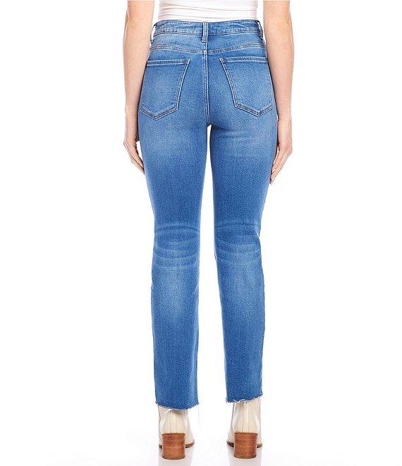Karen Kane Petite Size Stretch High Rise Raw Hem Straight Leg Jeans Product Image