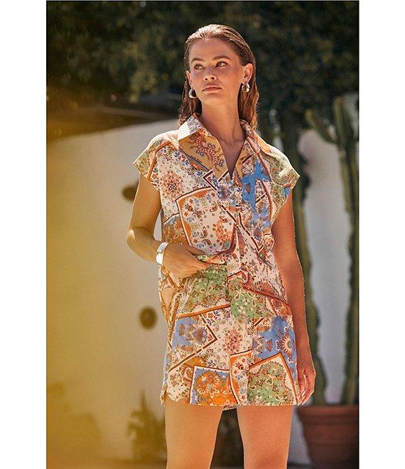 Current Air Coordinating Patchwork High Waisted Linen Blend Pull-On Shorts Product Image