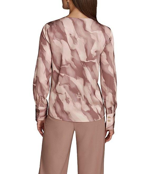 Donna Karan Mink Combo Printed Satin Twist Front V-Neck Long Sleeve Blouse Product Image