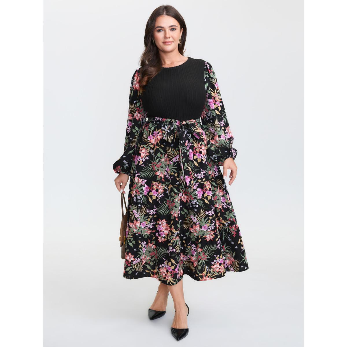 Plus Size Floral Print Color Contrast Midi Dress Black Women Timeless Texture Round Neck Long Sleeve Curvy BloomChic 22-24/3X Product Image