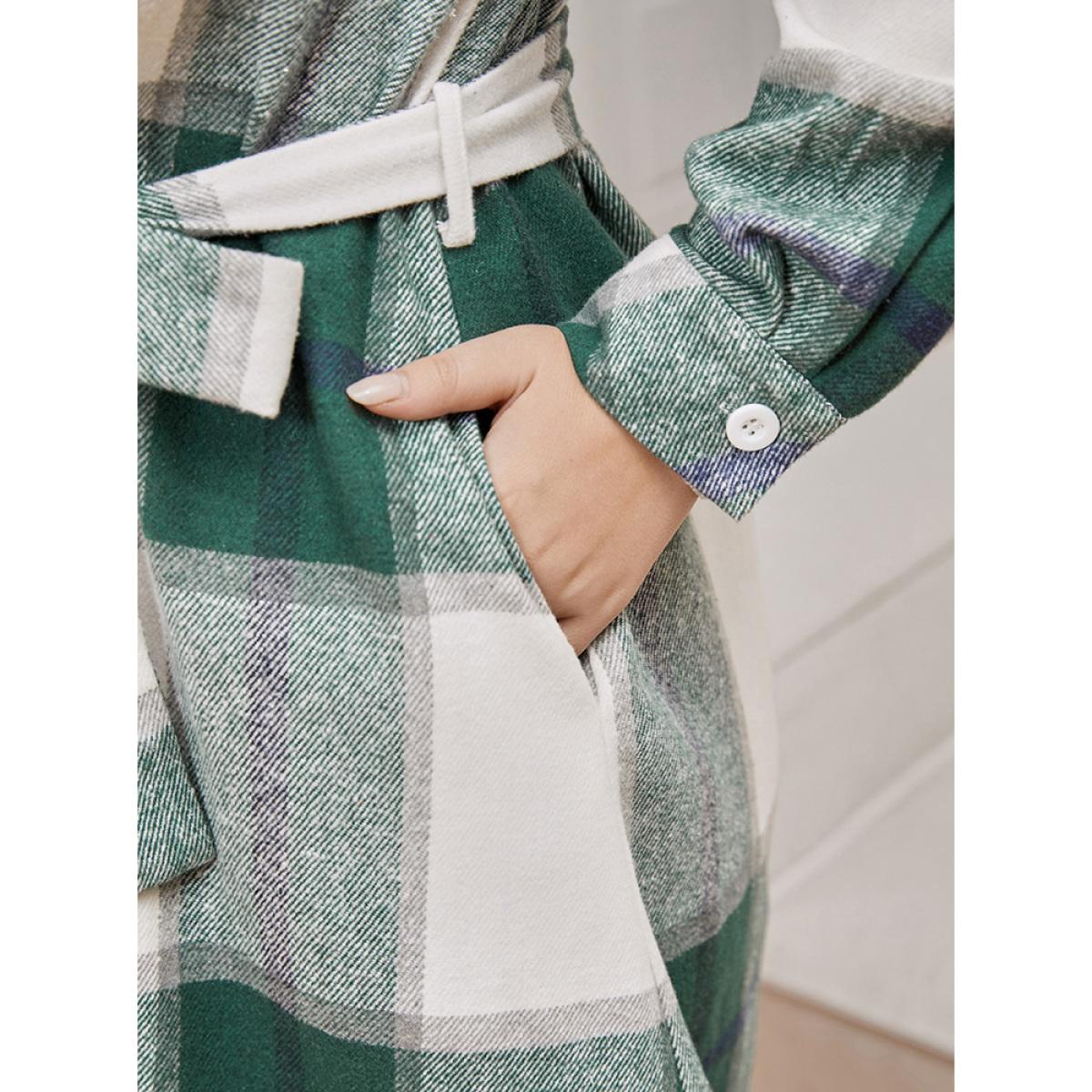 Plus Size Plaid Pocket Button Up Belted Shirt Collar Dress Green Women Elegant Button Shirt collar Long Sleeve Curvy Midi Dress BloomChic 28/5X Product Image