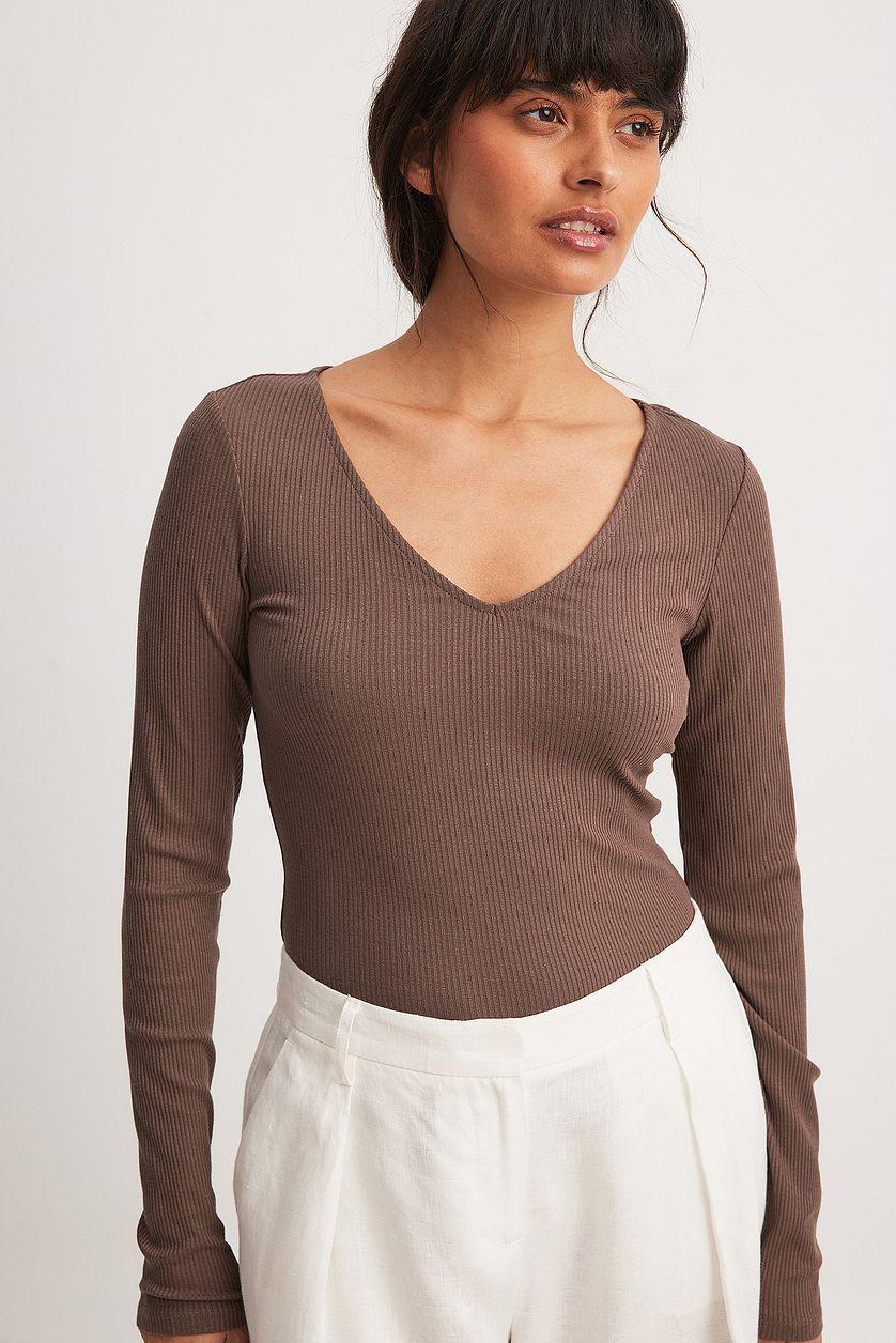 V-Neck Ribbed Long Sleeve Top Product Image