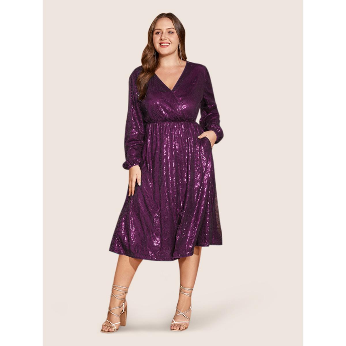 Plus Size Solid Pocket Lantern Sleeve Wrap Sequin Dress Deeppurplered Women Party Pocket Overlap Collar Long Sleeve Curvy Midi Dress BloomChic 30/6X Product Image