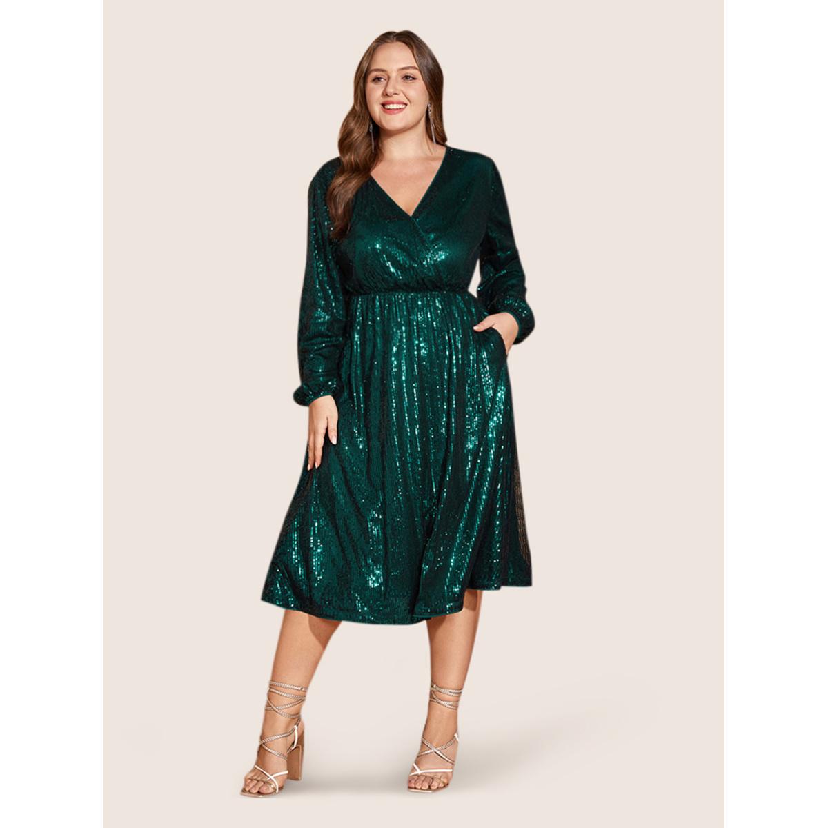 Plus Size Solid Pocket Lantern Sleeve Wrap Sequin Dress DarkGreen Women Party&Cocktail Pocket Overlap Collar Long Sleeve Curvy Midi Dress BloomChic 30/6X Product Image
