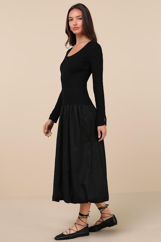 Sophisticated Chic Black Mixed Media Midi Dress Product Image