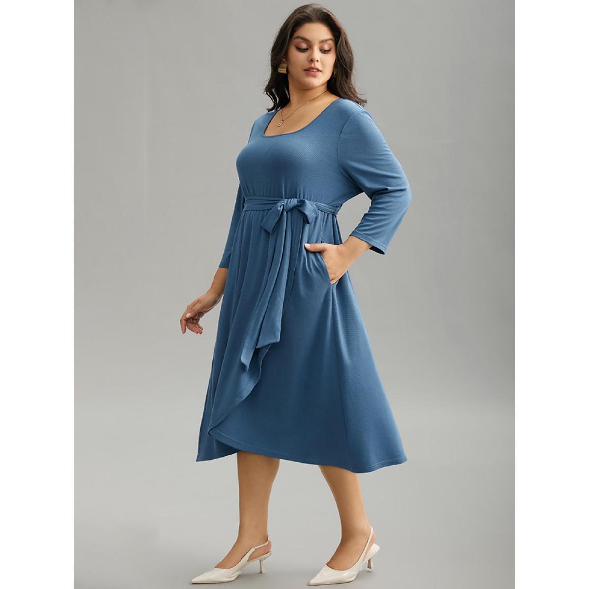 Plus Size Plain Square Neck Arc Hem Belted Wrap Dress Stone Women Office Wrap Square Neck Elbow-length sleeve Curvy Midi Dress BloomChic 22-24/3X Product Image