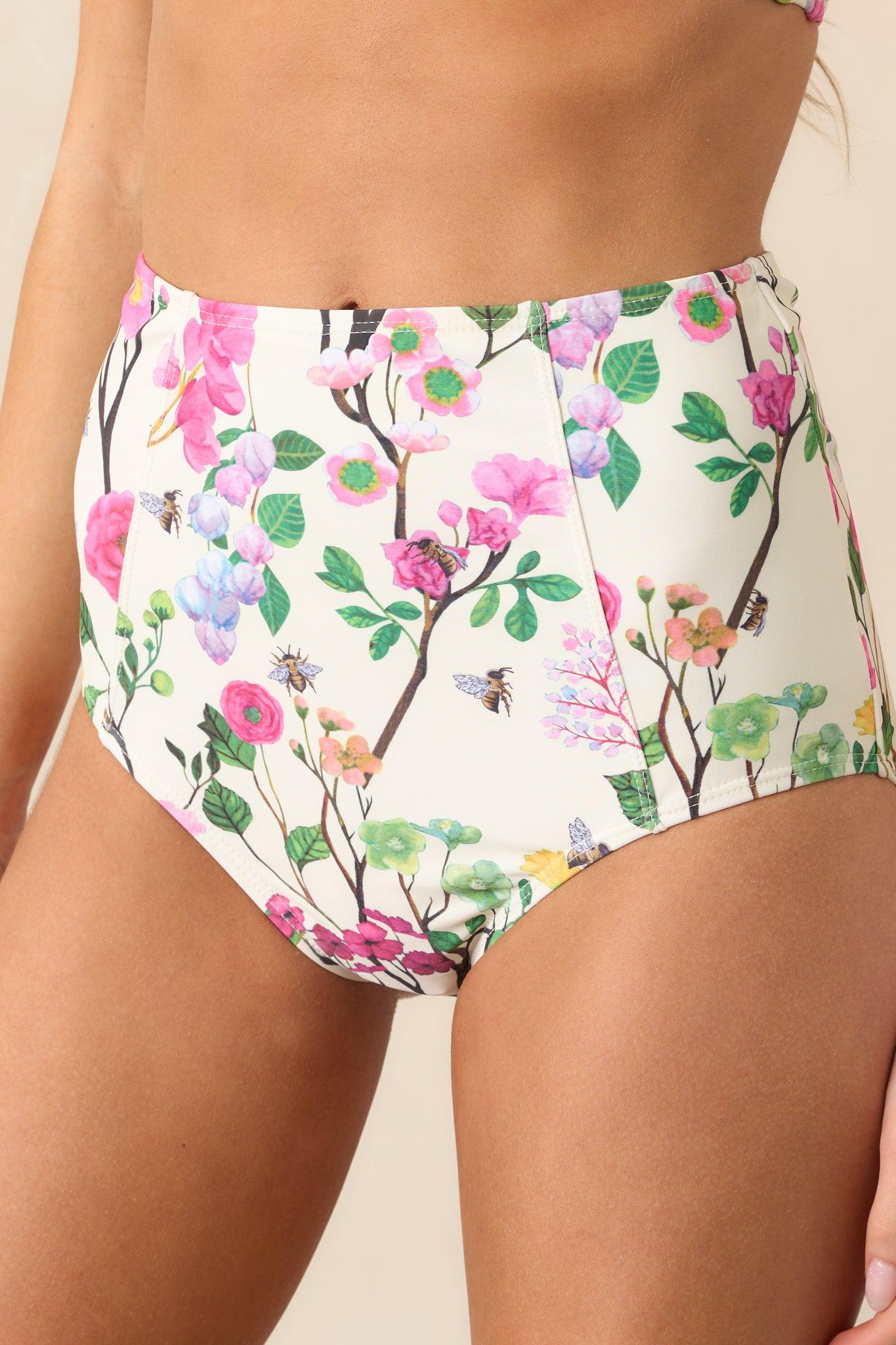Sunny Skies Ahead Ivory Cherry Blossom High Rise Bikini Bottoms Product Image
