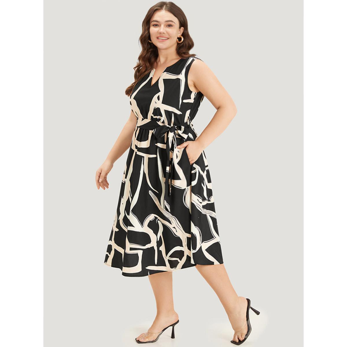 Plus Size Geometric Print Pocket Notched Belted Tank Dress Black Women Office Gathered Notched collar Sleeveless Curvy Midi Dress BloomChic 26/4X Product Image