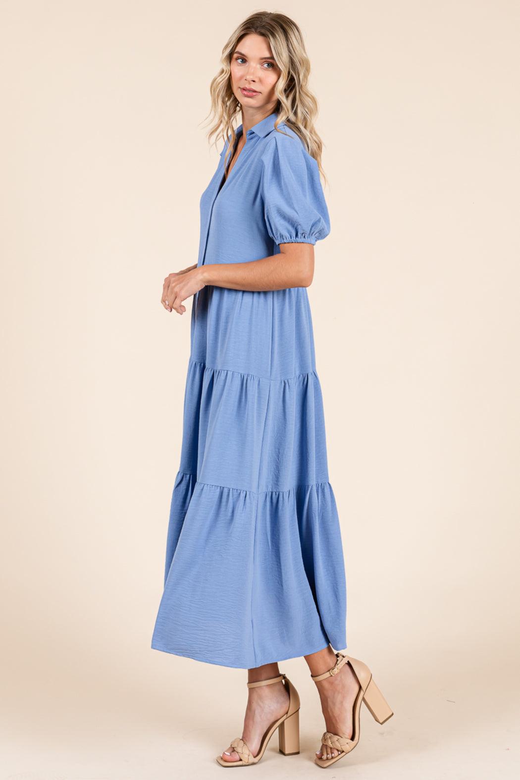 Tiered Button Down Puff Sleeve Midi Dress Product Image