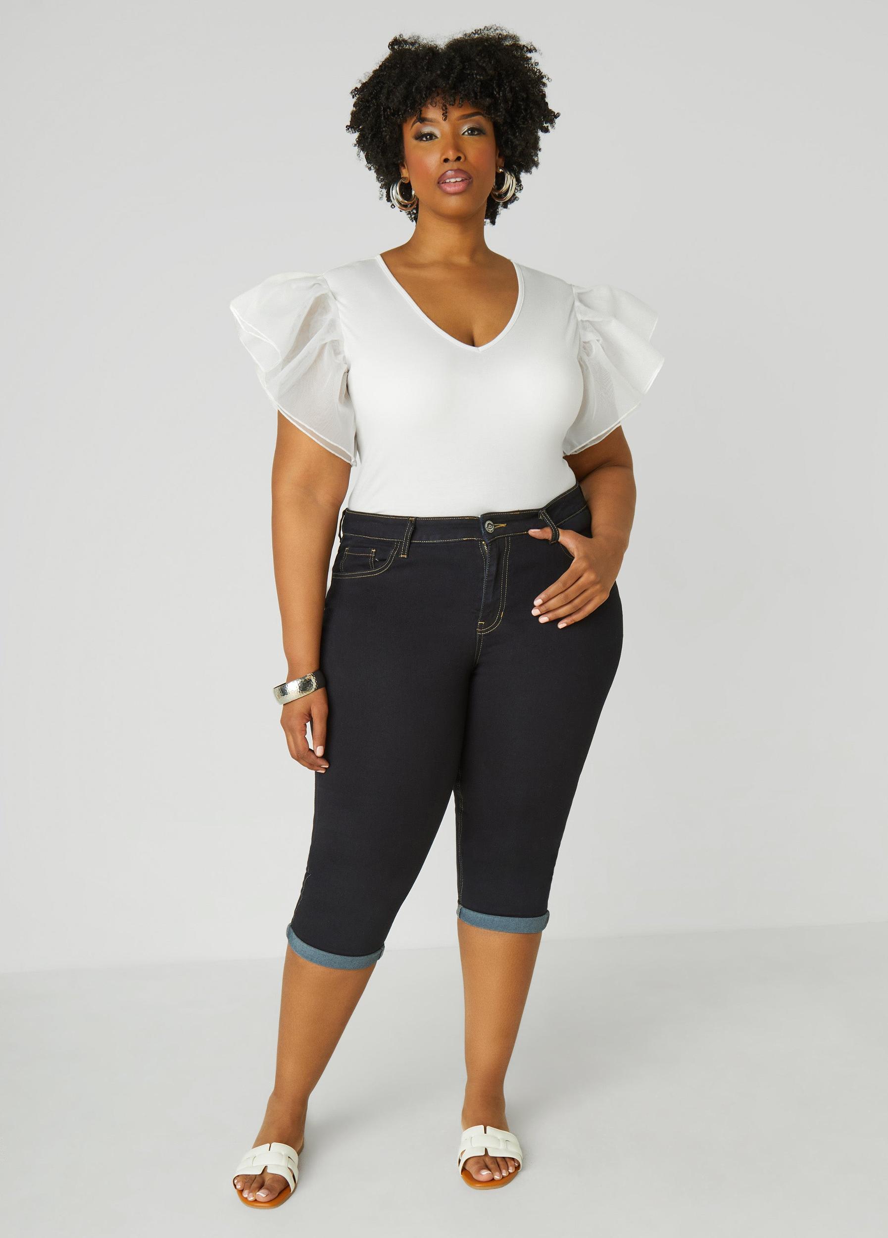 Plus Size Mid Rise Cuffed Denim Capris Ashley Stewart Product Image