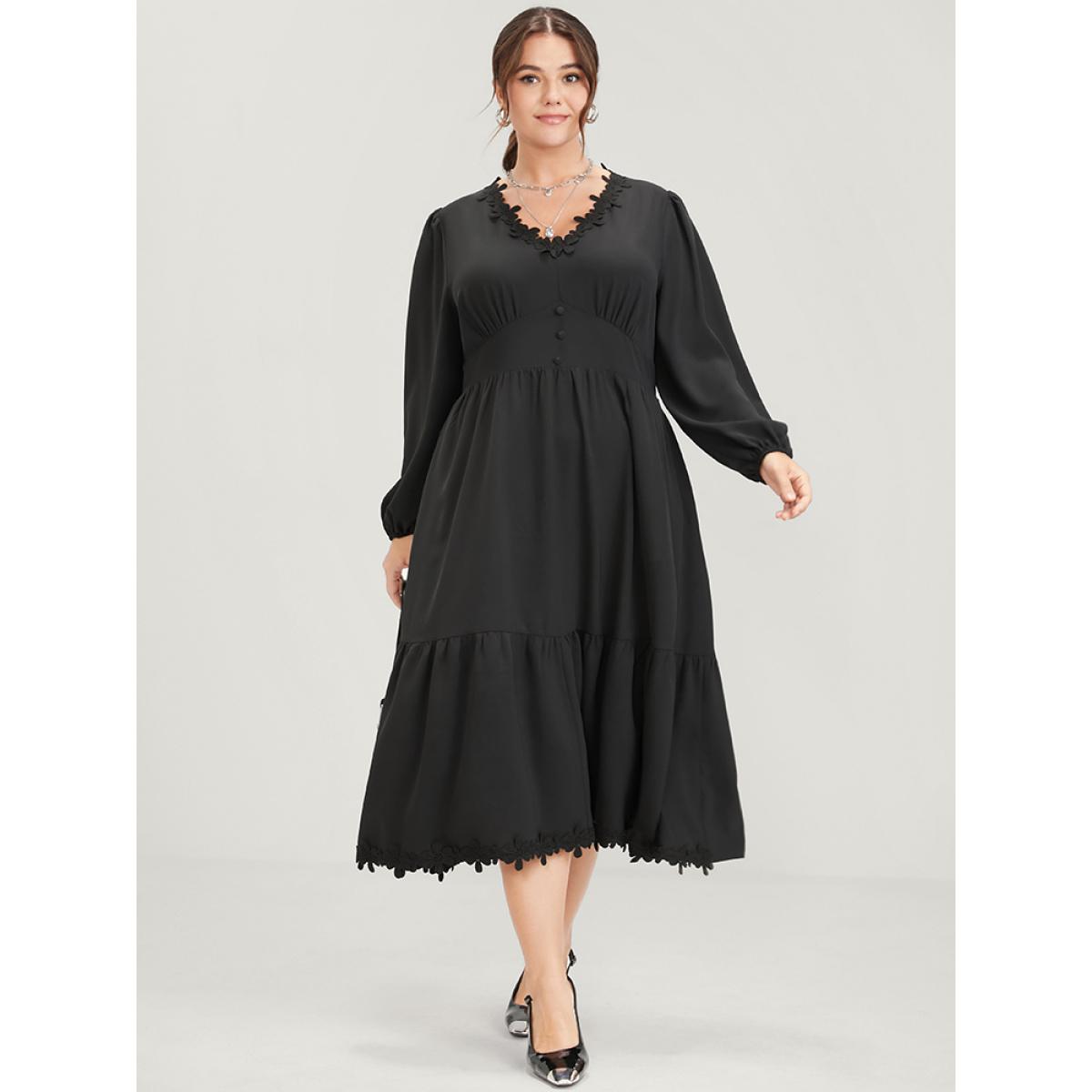 Plus Size Solid Lace Patch Lantern Sleeve Pocket Button Ruffle Hem Dress Black Women Elegant Patchwork V-neck Long Sleeve Curvy Midi Dress BloomChic 12/L Product Image