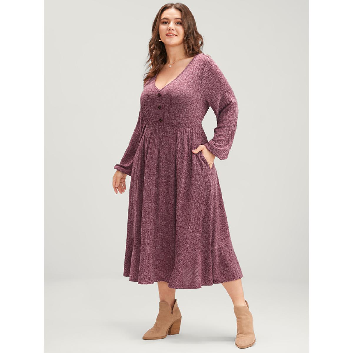 Plus Size Solid Button Detail Pocket Rib Knit Flutter Dress Burgundy Women Casual Elastic Waist V-neck Long Sleeve Curvy Midi Dress BloomChic 14-16/1X Product Image