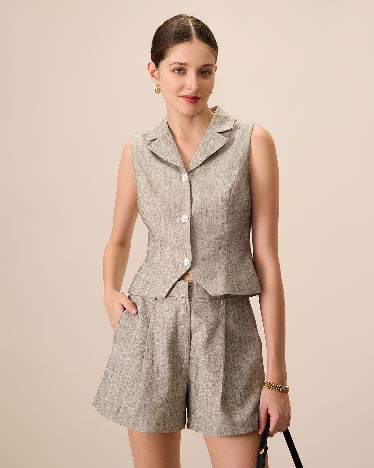 Women's Grey Lapel Pleated Pocket Shorts Female Product Image