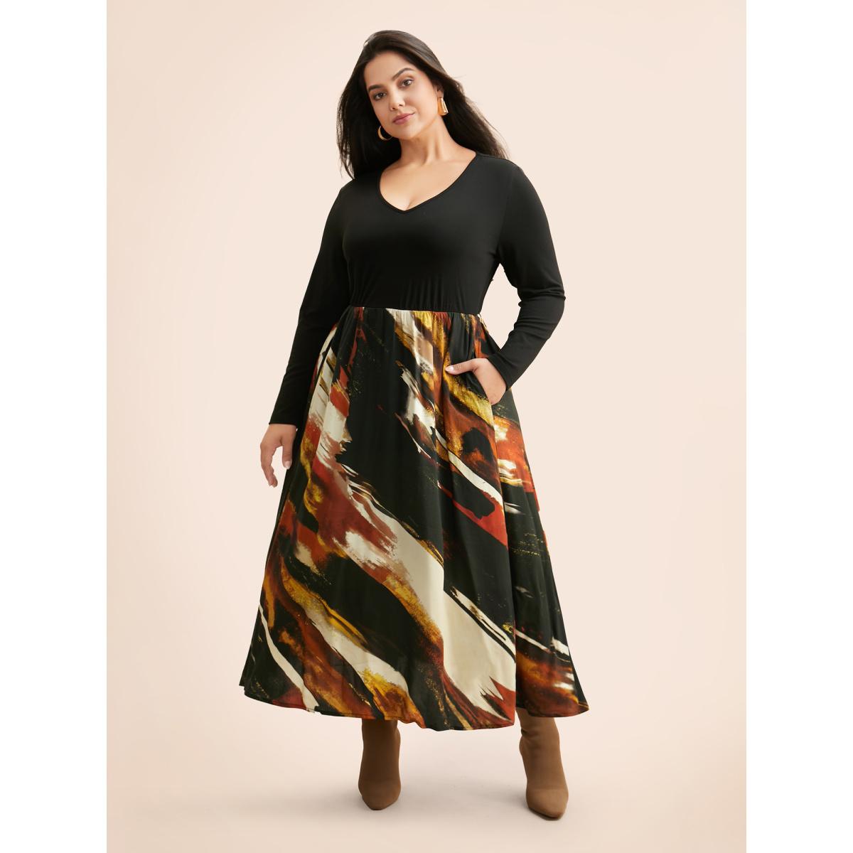 Plus Size V Neck Brush Print Patchwork Dress Black Women At the Office Patchwork V-neck Long Sleeve Curvy BloomChic 14-16/1X Product Image