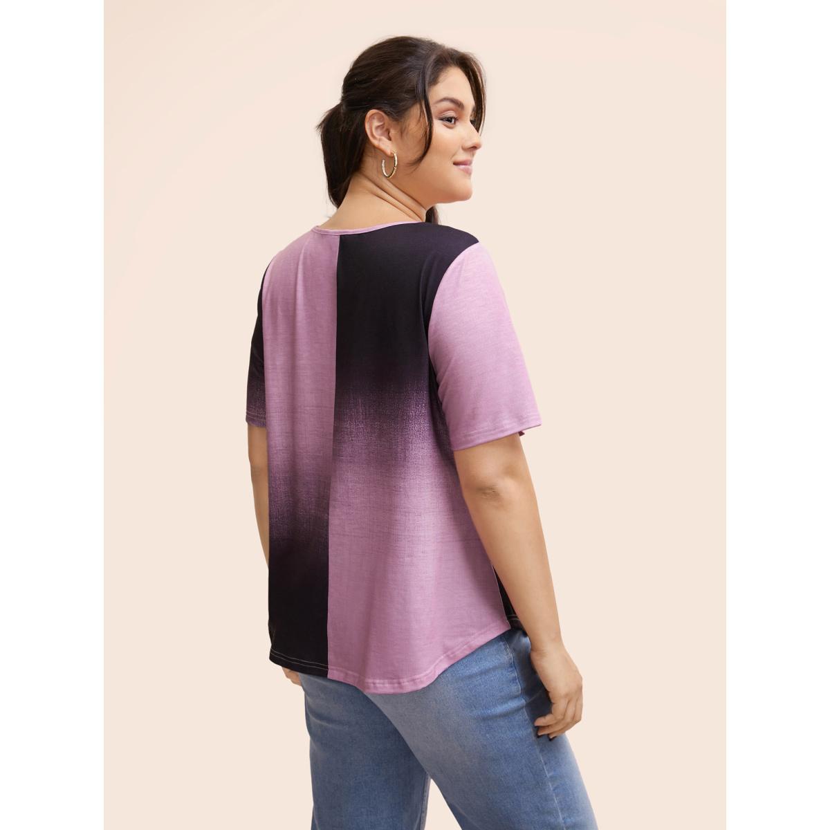 Plus Size Ombre Heather Contrast Round Neck T-shirt Mauve Women Casual Non Round Neck Everyday T-shirts BloomChic 22-24/3X Product Image