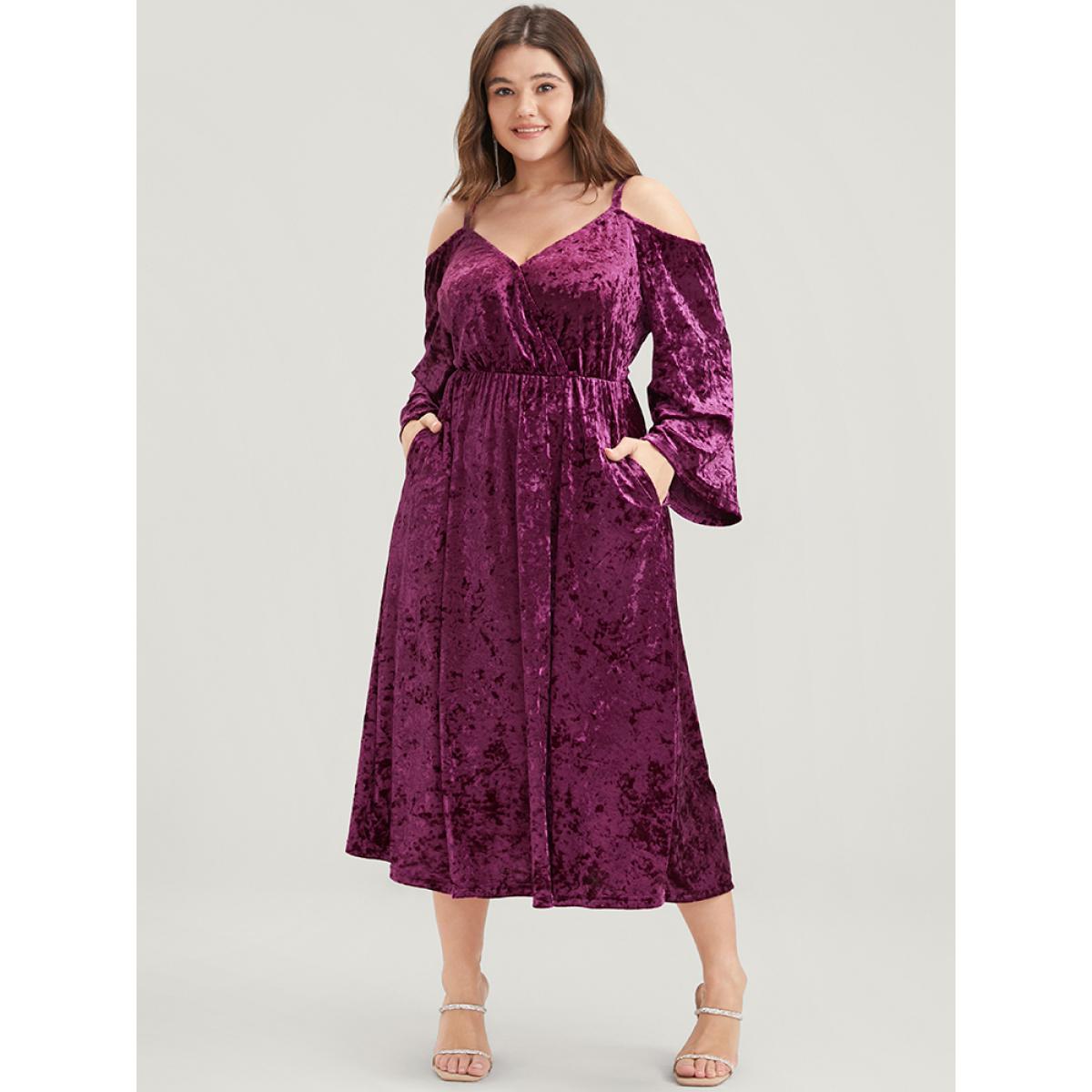 Plus Size Solid Cold Shoulder Pocket Bell Sleeve Velvet Dress RedViolet Women Party Elastic Waist Cold Shoulder Long Sleeve Curvy Midi Dress BloomChic 10/M Product Image
