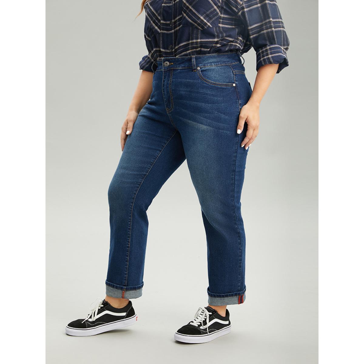 Plus Size Straight Leg Zipper Roll Hem Dark Wash Jeans Women DarkBlue Casual Plain Plain High stretch Pocket Jeans BloomChic 16/1X Product Image