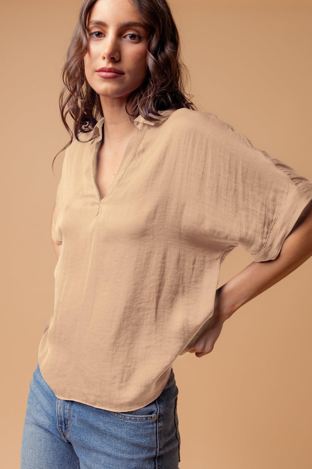 High-Low Collar Matte Satin Blouse Product Image