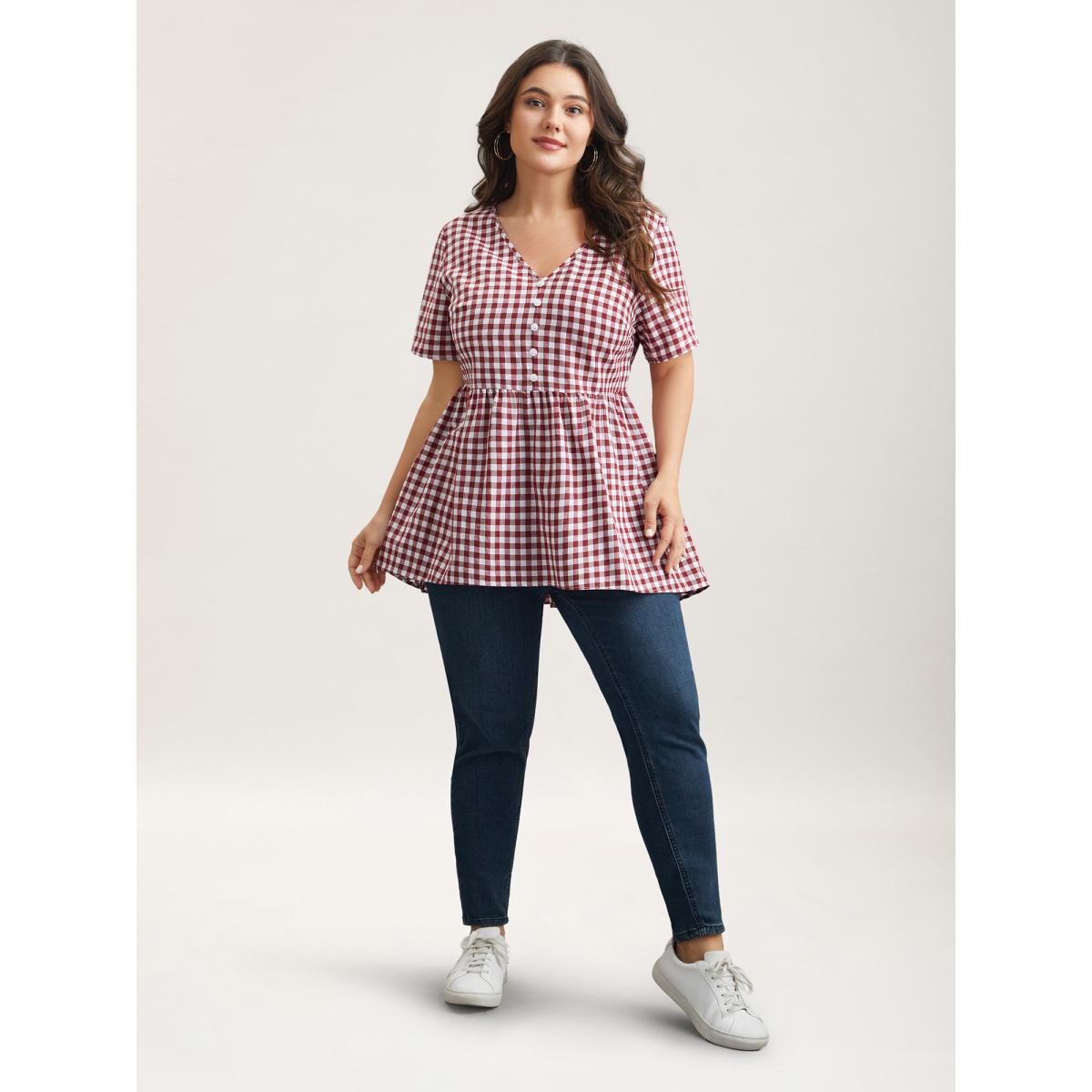 Plus Size Crimson Plaid Hi-Low Hem Button Shirt Women Casual Short sleeve V-neck Everyday Blouses BloomChic 22-24/3X Product Image