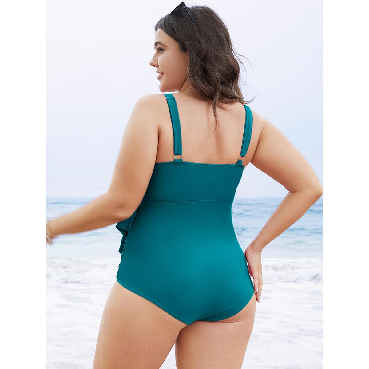 Plus Size Solid Sculpt Waist Patchwork Ruffle Tiered One Piece Swimsuit Women's Swimwear Teal Vacation Adjustable Straps Curve Bathing Suits High stretch One Pieces BloomChic 22-24/3X Product Image