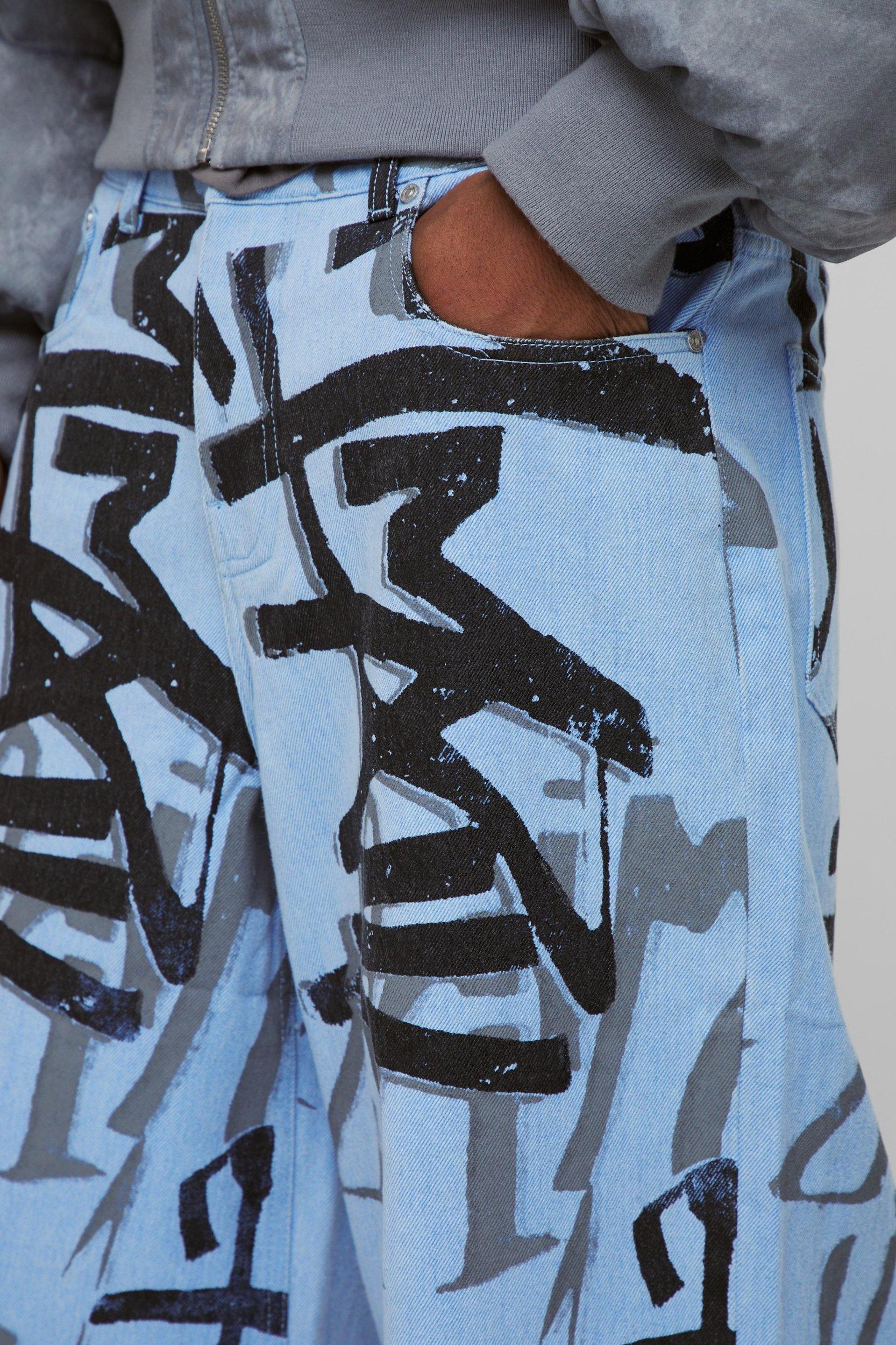 Super Baggy Graffiti Print Jeans | boohooMAN USA Product Image