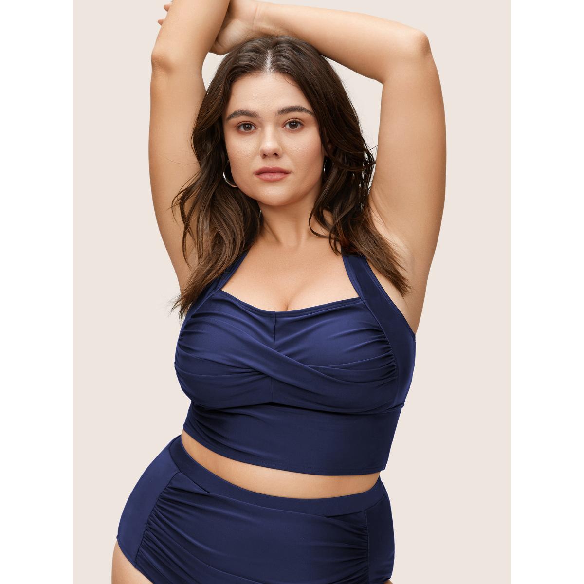 Plus Size Solid Crossover Square Neck Adjustable Straps Swim Top Women's Swimwear Indigo Resort Twist High stretch Skinny Square Neck Curve Swim Tops BloomChic 30/6X Product Image