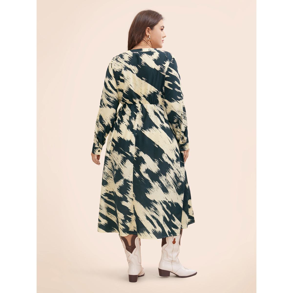 Plus Size Brush Print Notched Collar Midi Dress DarkSlateGray Women At the Office Contrast Notched collar Long Sleeve Curvy BloomChic 12/L Product Image