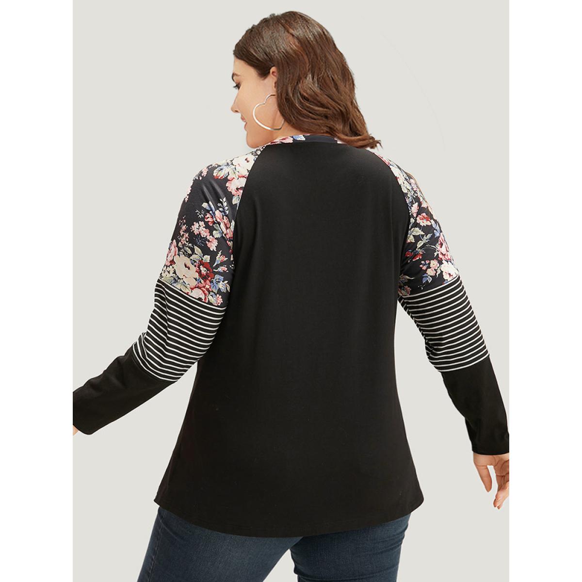Plus Size Floral Striped Patchwork Crew Neck Raglan Sleeve T-shirt Black Women Casual Contrast Striped Round Neck Dailywear T-shirts BloomChic 26/4X Product Image