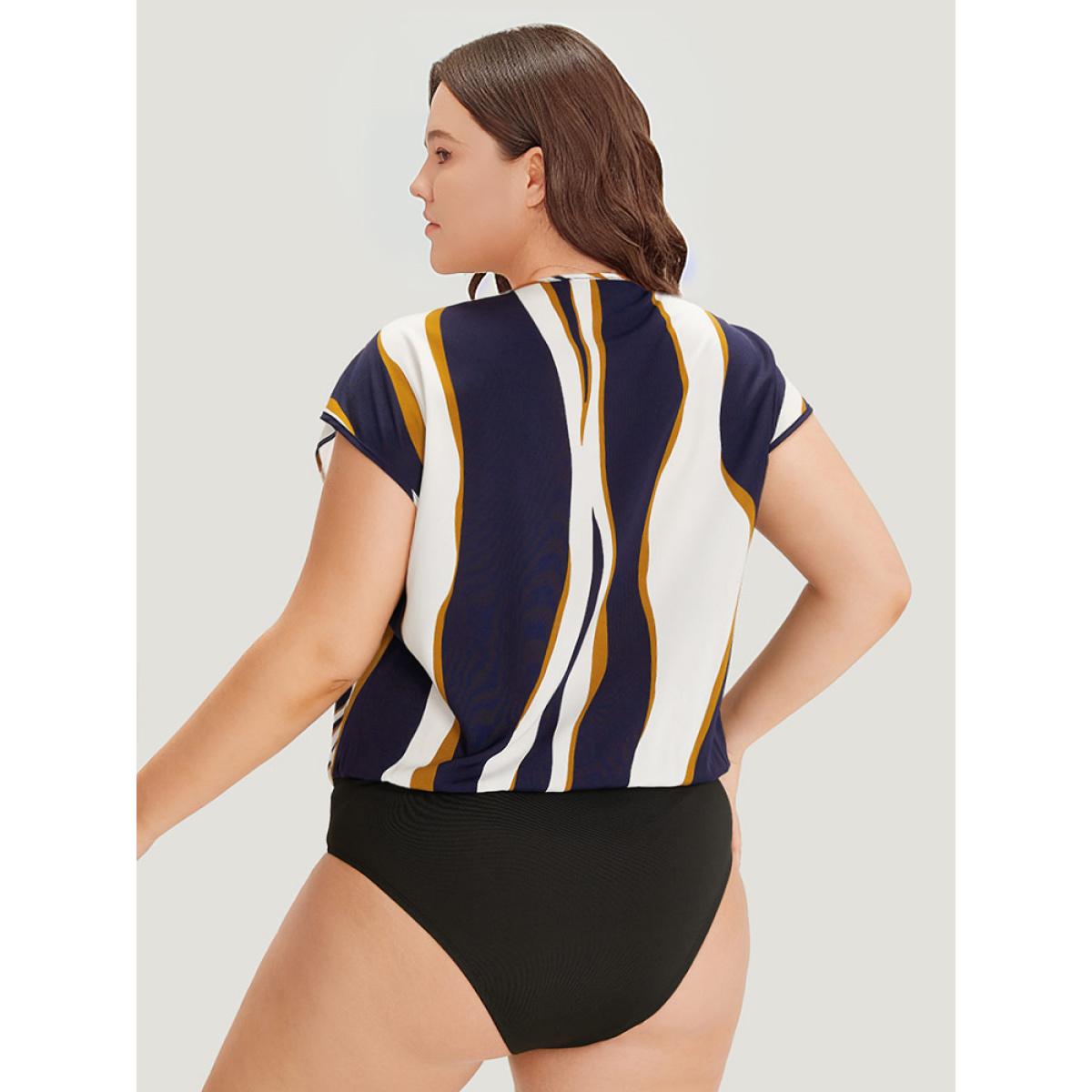 Plus Size Water Ripple Surplice Neck Dolman Sleeve Bodysuit Women Multicolor Water Ripple Wrap Bodysuits BloomChic 22-24/3X Product Image