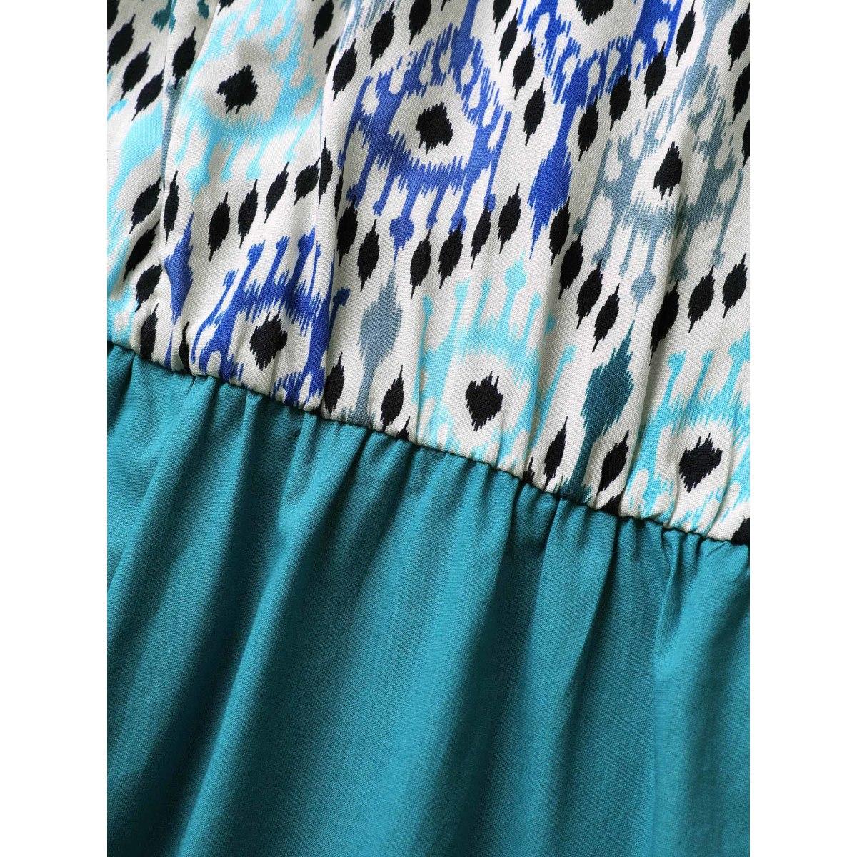 Plus Size Geometric Print Patchwork Cap Sleeve Dress Aegean Women Resort Round Neck Cap Sleeve Curvy BloomChic 10/M Product Image