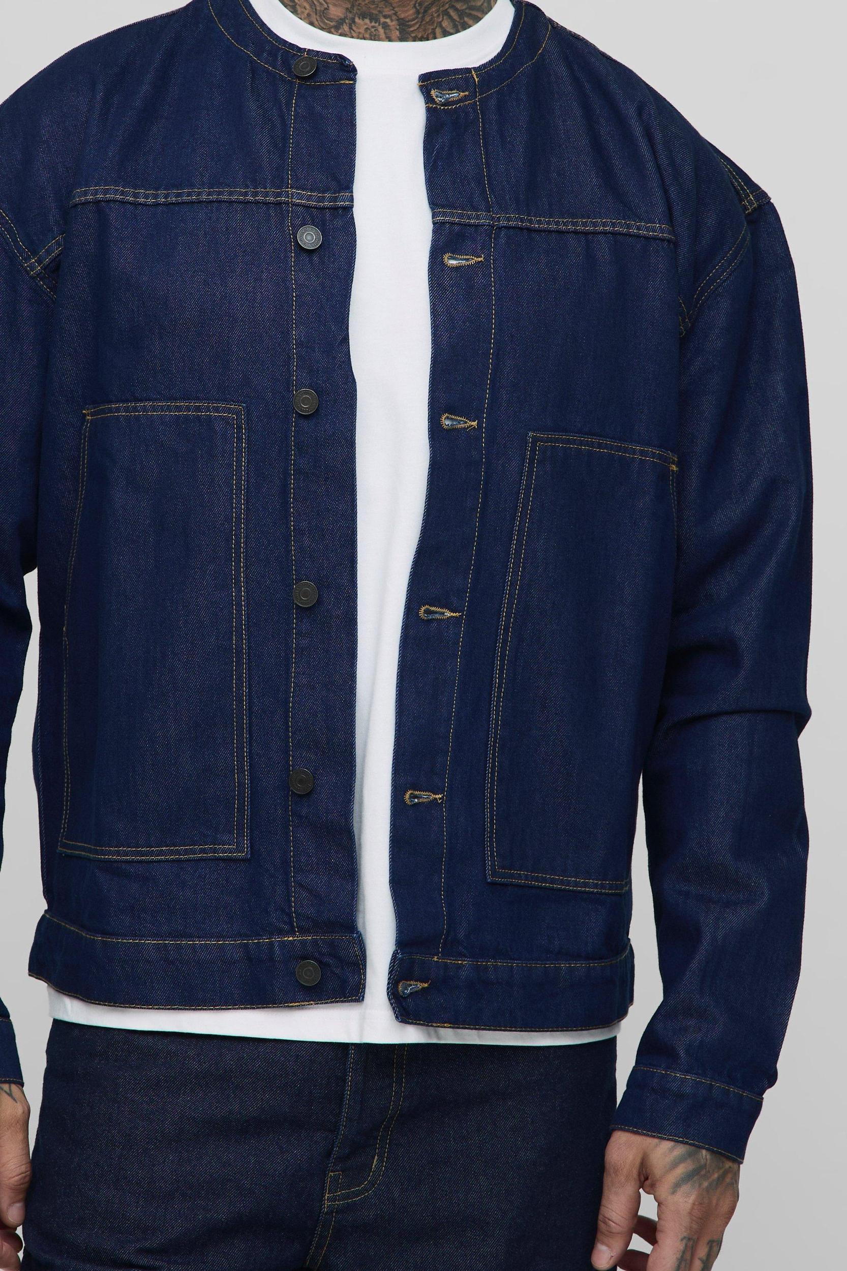 Tall Contrast Stitch Oversized Collarless Jean Jacket | boohooMAN USA Product Image
