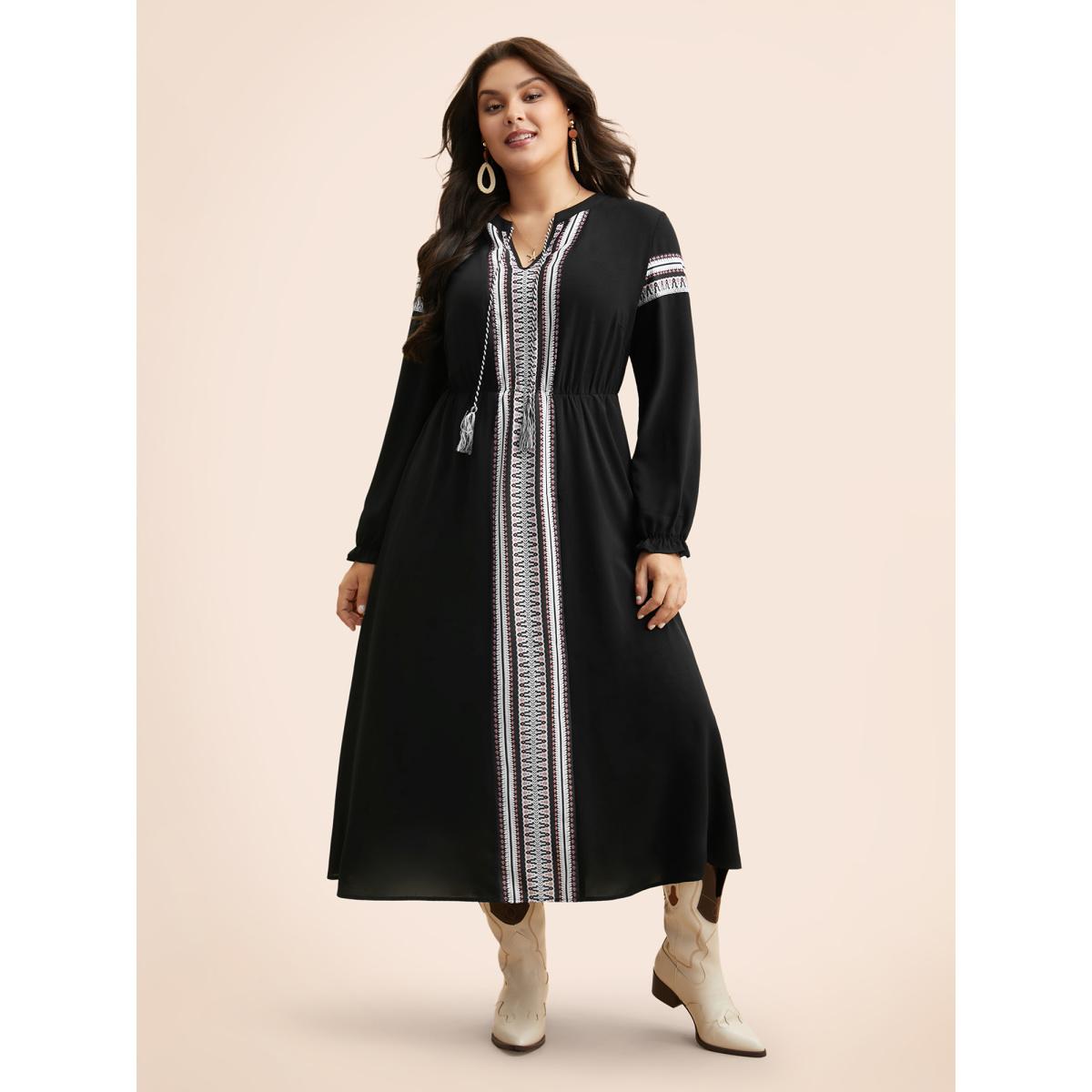 Plus Size Bandana Tie Knot Lantern Sleeve Dress Black Women Resort Woven ribbon&lace trim Flat collar with V-notch Long Sleeve Curvy BloomChic 18-20/2X Product Image