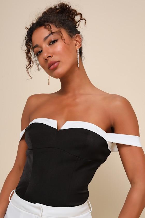 Signature Perfection Black Color Block Satin Notched Bodysuit Product Image