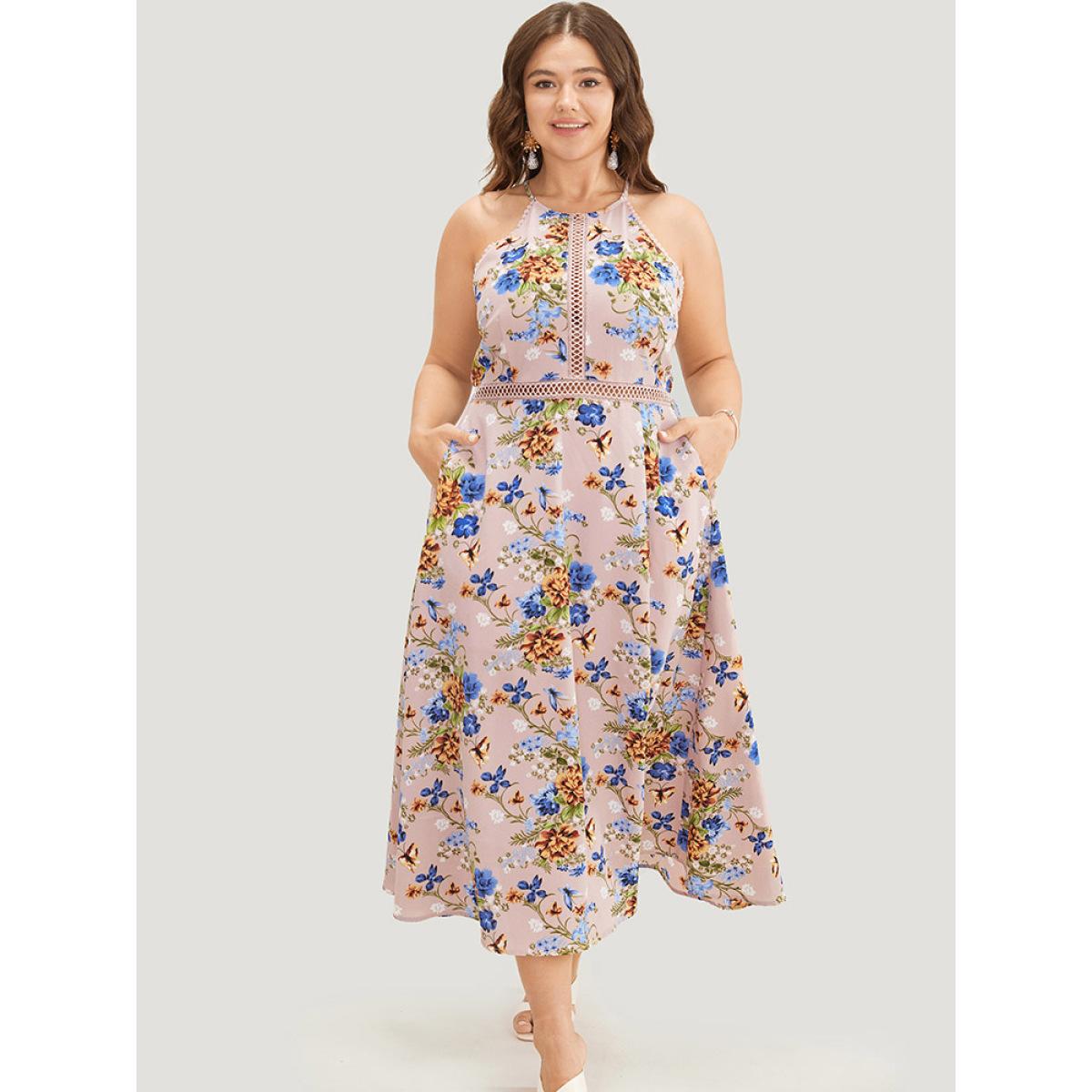 Plus Size Floral Pocket Lace Insert Split Pompom Trim Halter Dress Pink Women Elegant Lace Halter neck Sleeveless Curvy Midi Dress BloomChic 26/4X Product Image