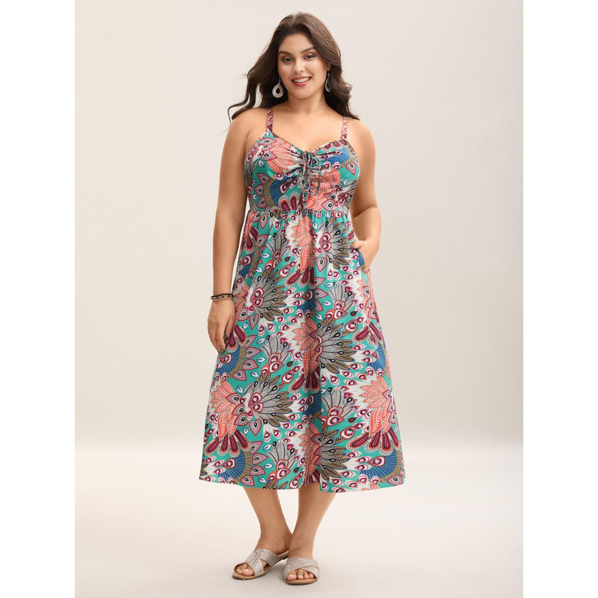 Plus Size Boho Floral Print Pockets Midi Dress Turquoise Women Drawstring V-neck Sleeveless Curvy BloomChic 14-16/1X Product Image