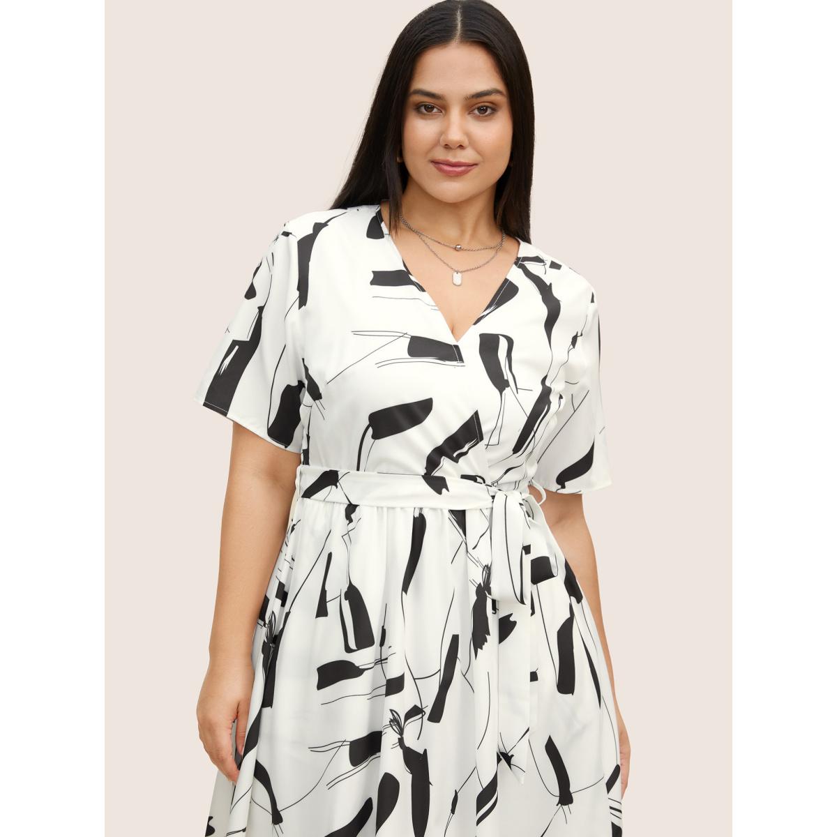 Plus Size Geometric Overlap Collar Belted Midi Dress White Women At the Office Belted Overlap Collar Half Sleeve Curvy BloomChic 14-16/1X Product Image