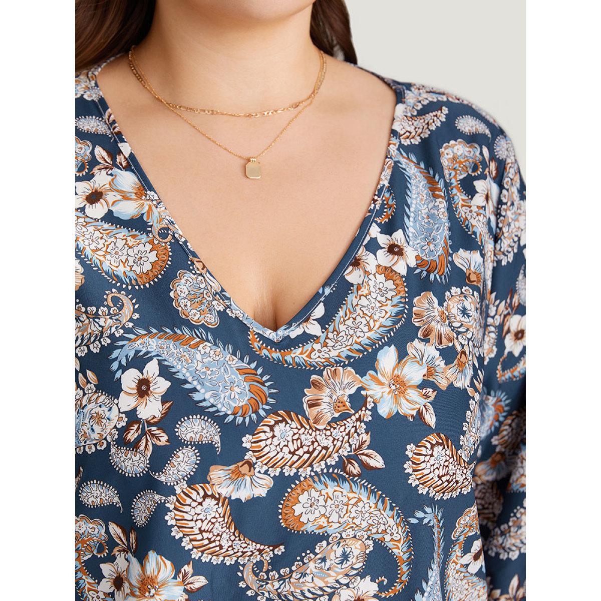 Plus Size Multicolor Paisley Print Patchwork V Neck Blouse Women Vacation Elbow-length sleeve V-neck Dailywear Blouses BloomChic 18-20/2X Product Image