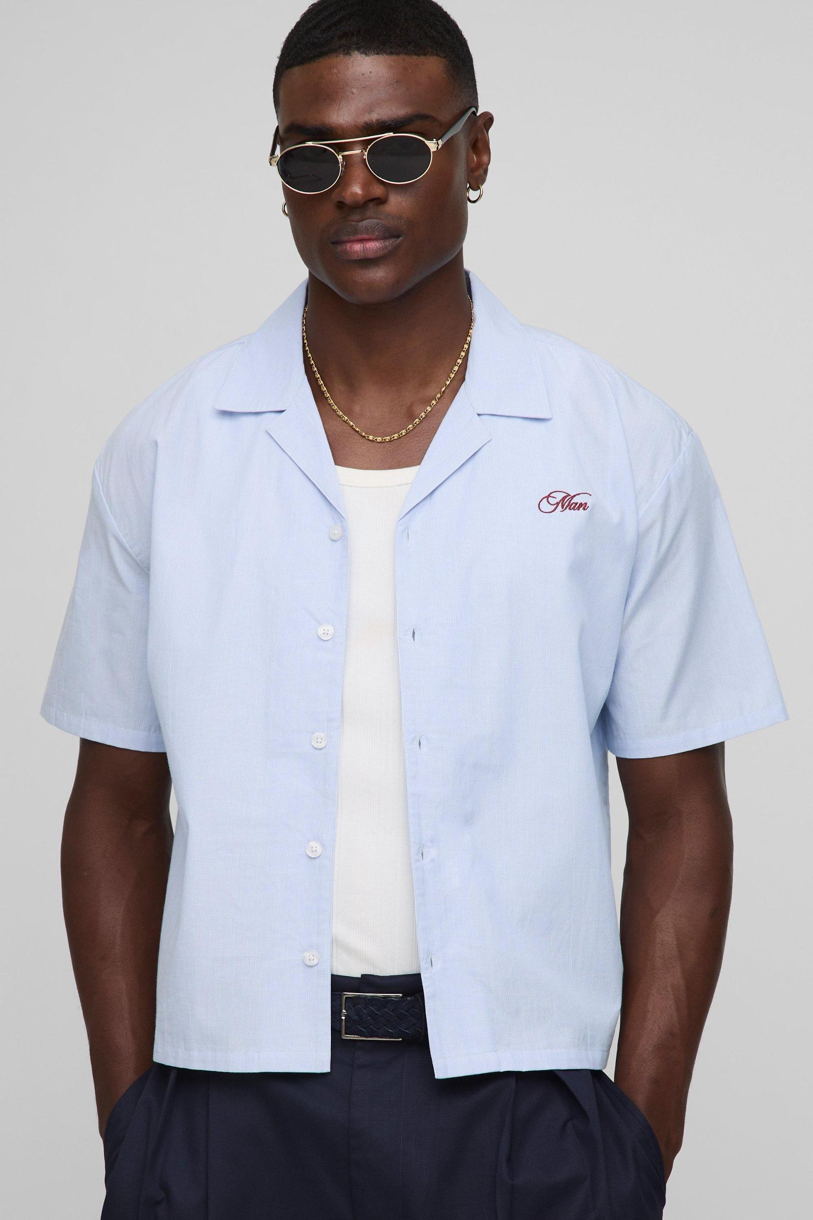 Oversized Boxy Saint Tropez Embroidered Stripe Shirt | boohooMAN USA Product Image