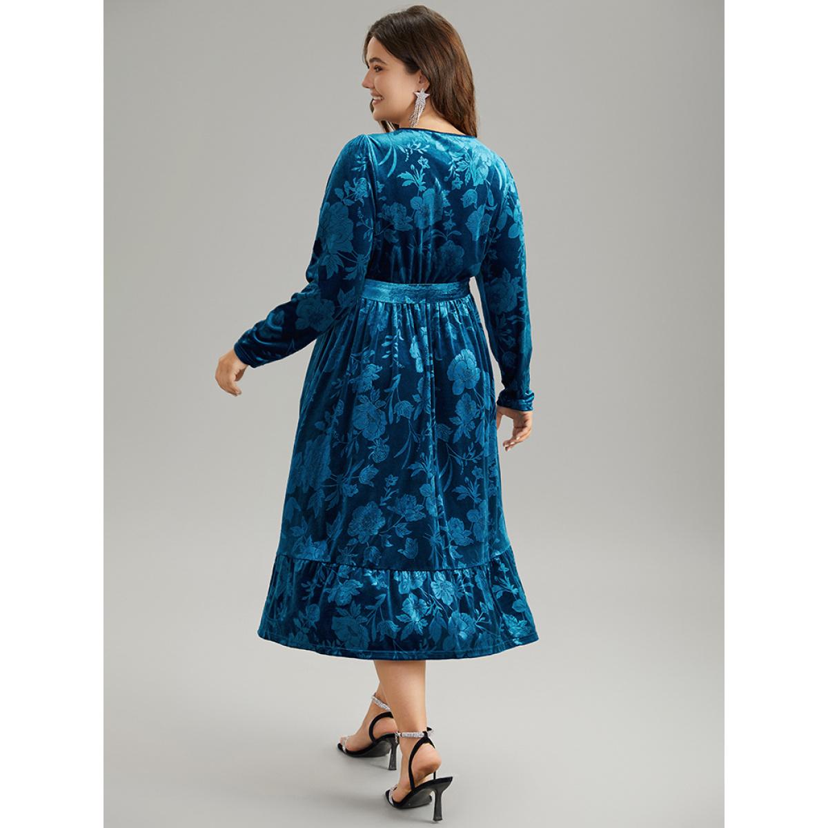 Plus Size Velvet Silhouette Floral Print Belted Wrap Dress Blue Women Party Wrap Overlap Collar Long Sleeve Curvy Midi Dress BloomChic 12/L Product Image