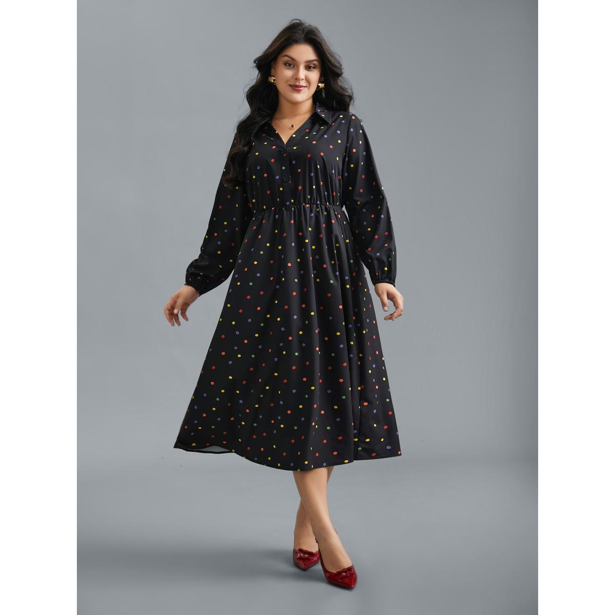 Plus Size Shirt Collar Colored Polka Dot Dress Black Women Elegant Button Shirt collar Long Sleeve Curvy BloomChic 22-24/3X Product Image