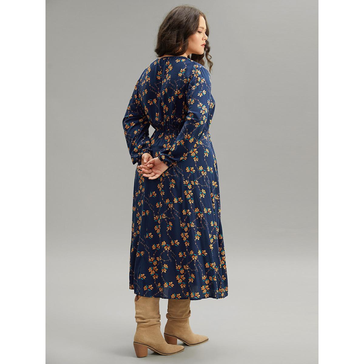 Plus Size Floral Print Elastic Waist Lantern Sleeve Dress DarkBlue Women Elegant Elastic cuffs V-neck Long Sleeve Curvy Midi Dress BloomChic 26/4X Product Image
