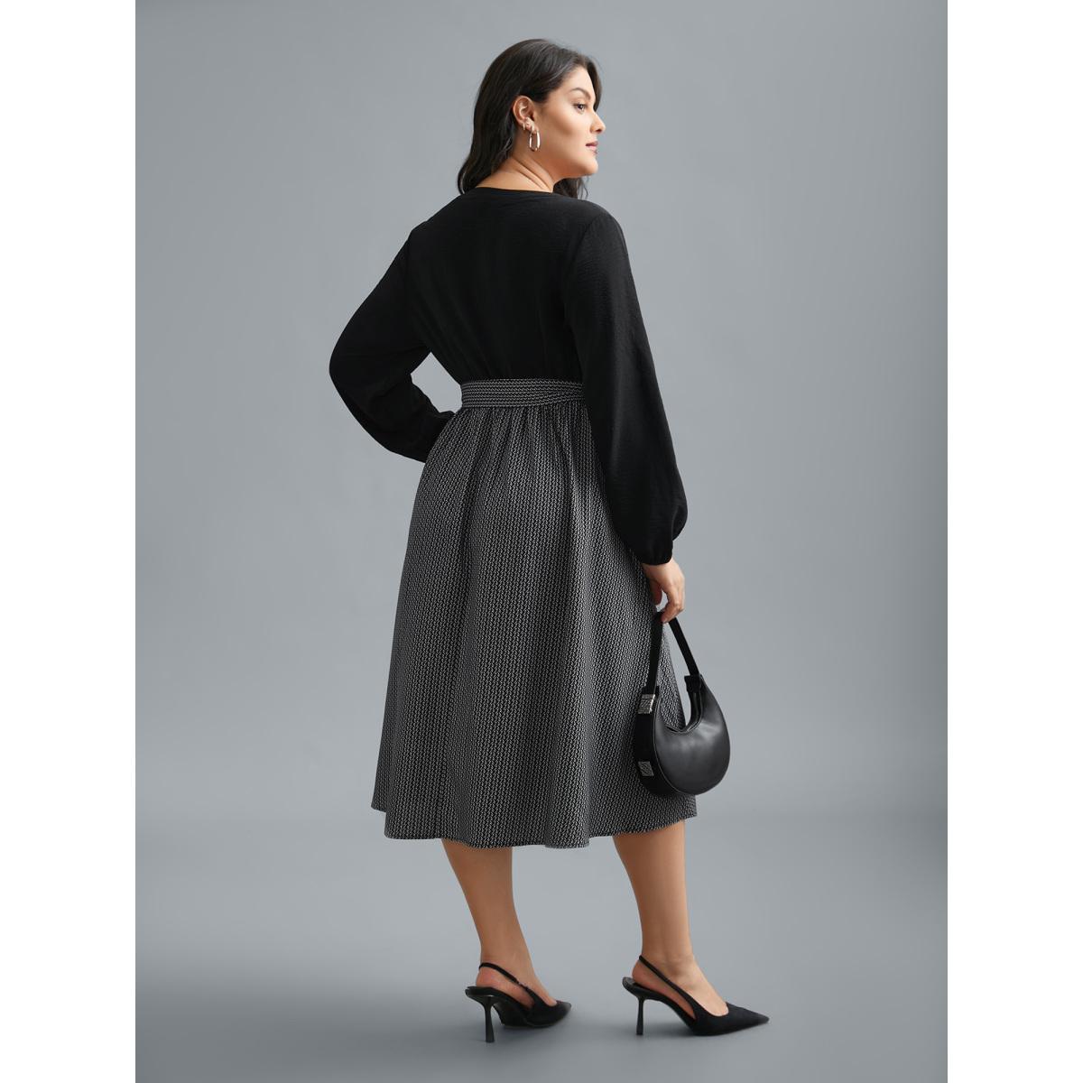 Plus Size Notched Collar Color Block Waist Tie Dress Black Women At the Office Belted Flat collar with V-notch Long Sleeve Curvy BloomChic 12/L Product Image