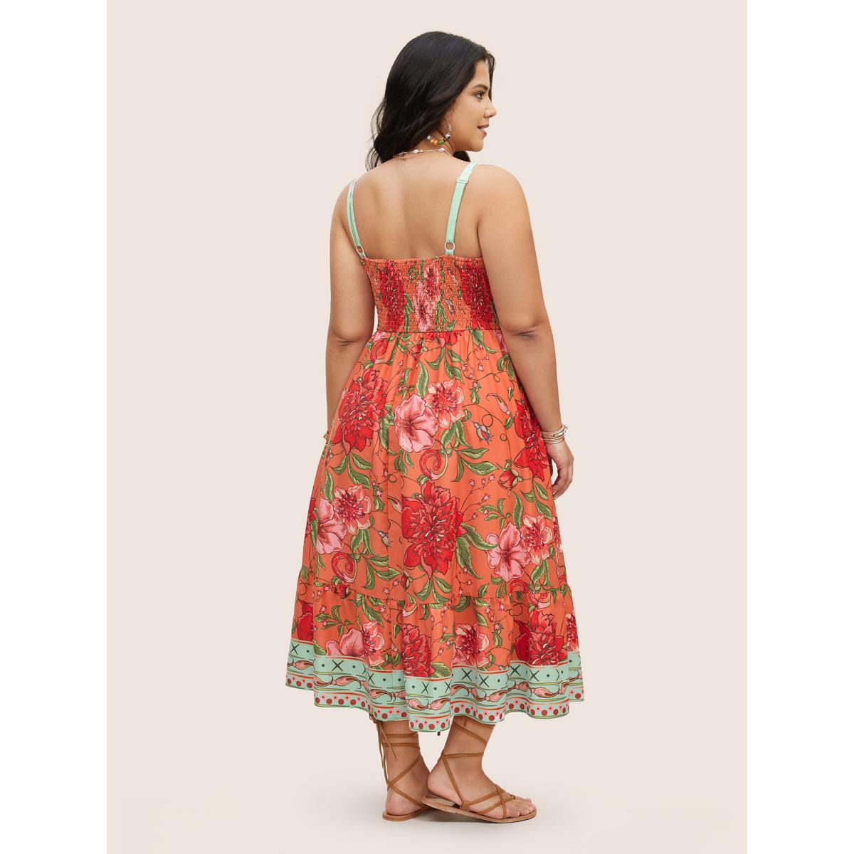 Plus Size Floral Print Elastic Waist Shirred Cami Dress Salmon Women Resort Non V-neck Sleeveless Curvy BloomChic 10/M Product Image