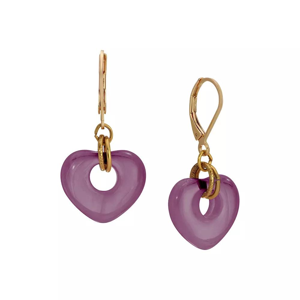 1928 Gold Tone Glass Heart Drop Leverback Earrings, Women's, Purple Product Image