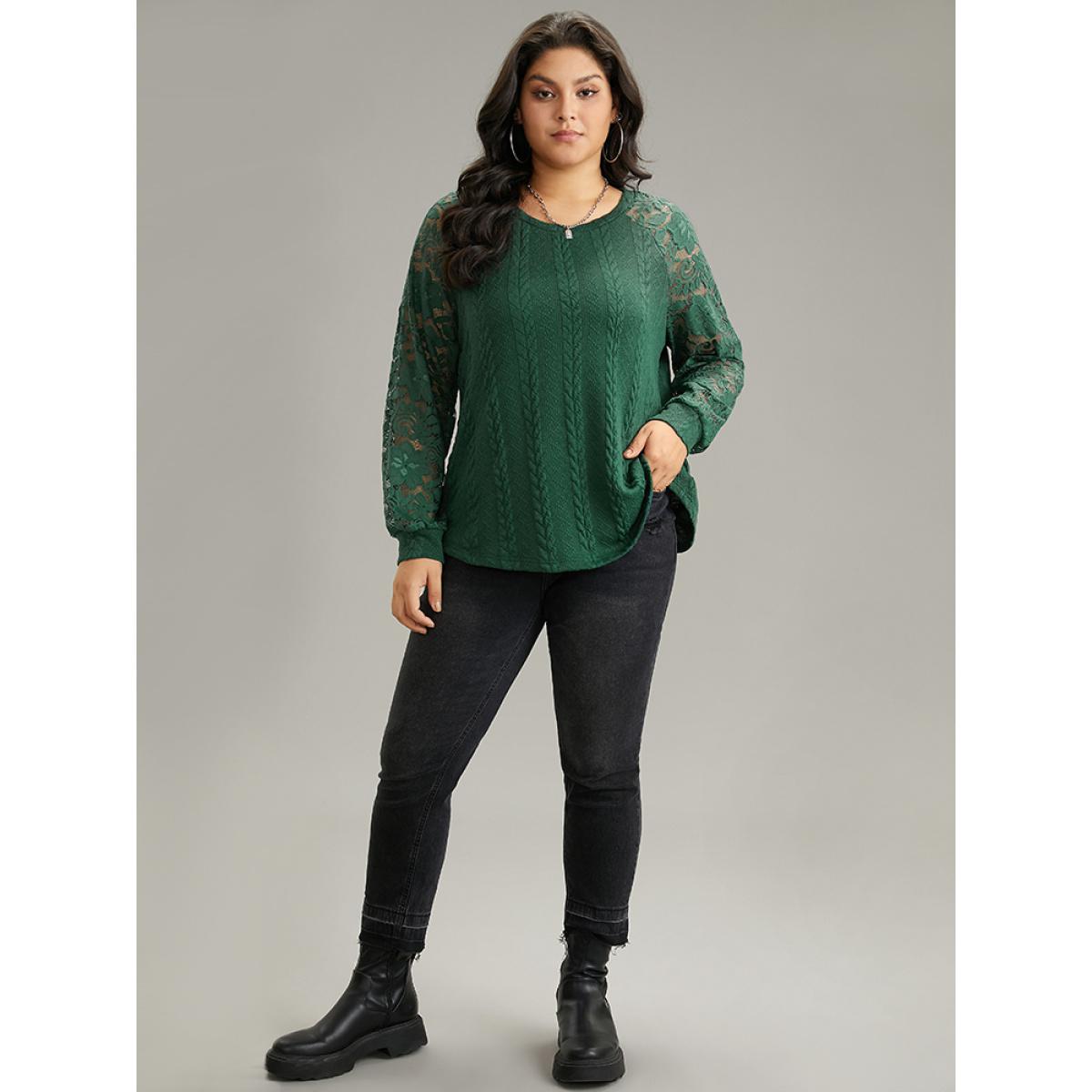 Plus Size Guipure Lace Cable Knit Raglan Sleeve Sweatshirt Women Green Elegant Texture Round Neck Dailywear Sweatshirts BloomChic 26/4X Product Image