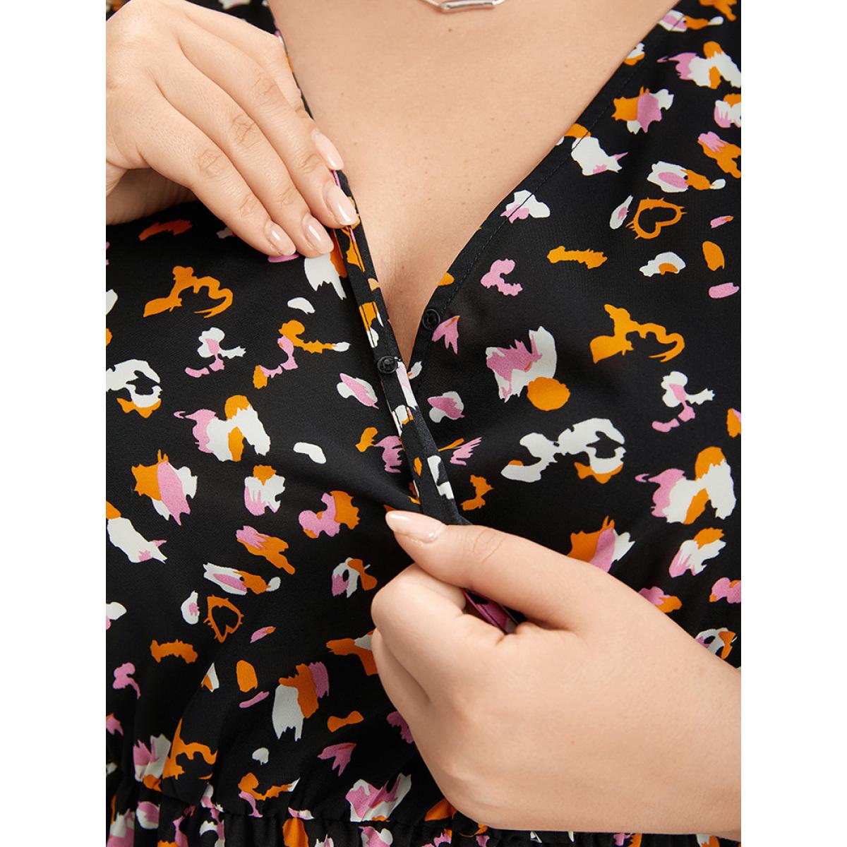 Plus Size Colour Leopard Print Wrap Elastic Waist Ruffle Hem Dress Black Women Elegant Elastic Waist V-neck Short sleeve Curvy Midi Dress BloomChic 22-24/3X Product Image