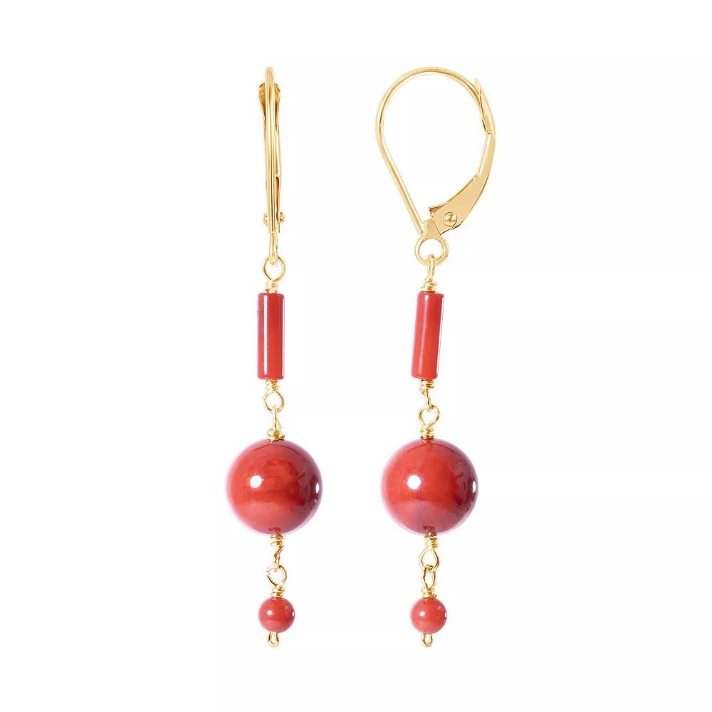 Jewelmak 14k Gold Red Coral Dangle Leverback Earrings, Women's Product Image